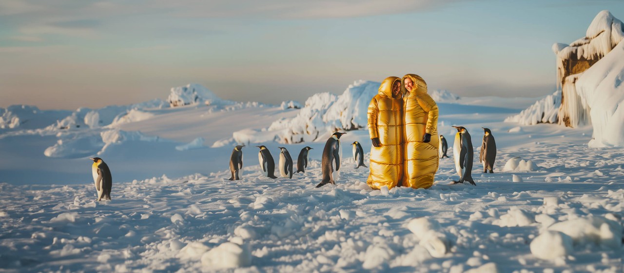 Pärchen in goldenem Schlafsack in der Arktik